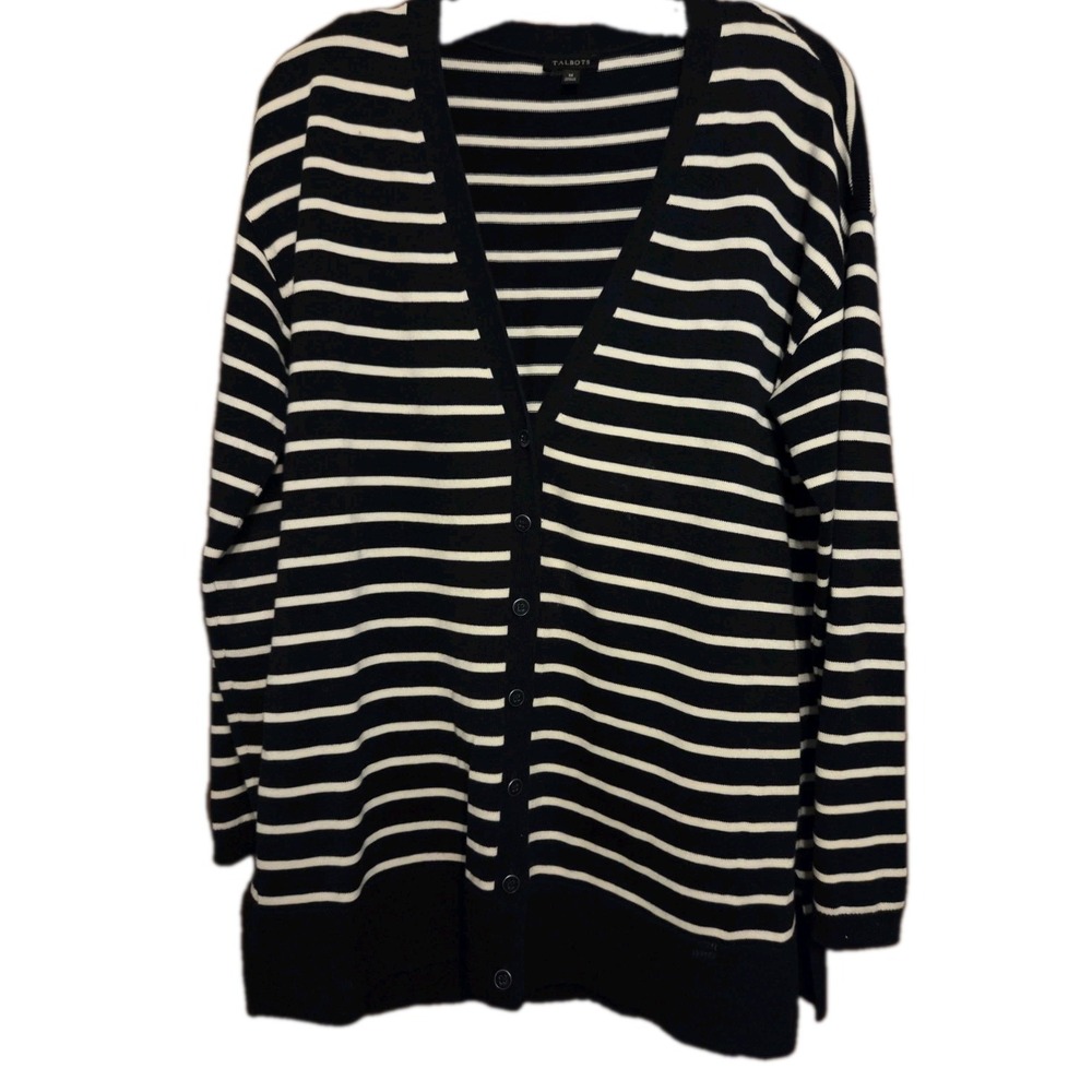 Talbots Forever Girlfriend Cardigan Navy & Ivory Stripe Womens M Cotton Blend - Picture 2 of 4